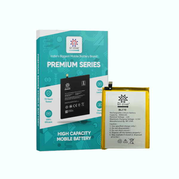 Image of BL270 Lenovo K6 Note/K8 Note phone battery with MT Star Premium Series box.