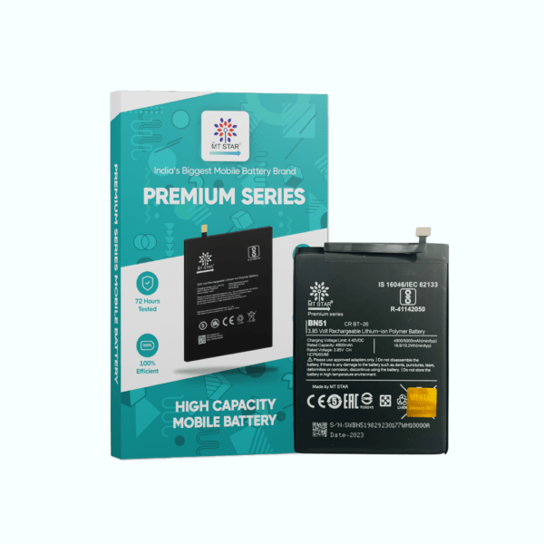 Image of BN51, Mi Redmi 8A phone battery with MT Star Premium Series box.