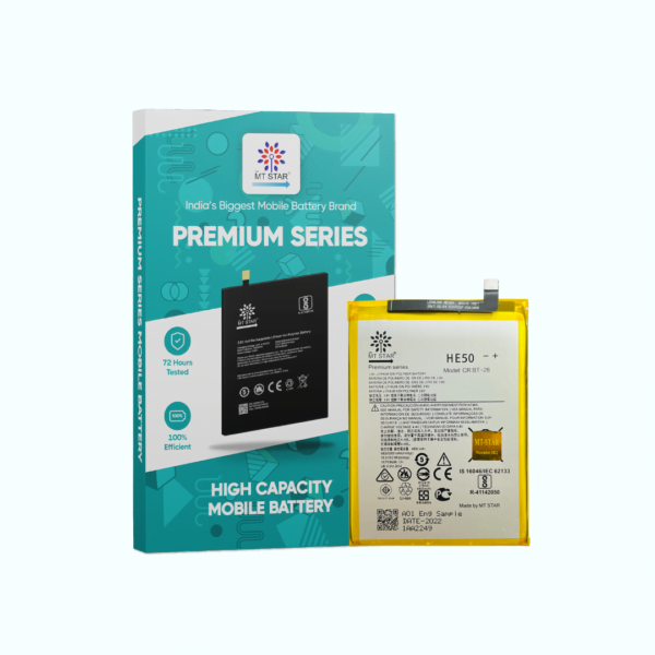 Image of HE50, Moto E4 Plus phone battery with MT Star Premium Series box.